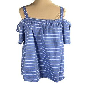 London Times OTS Top Blue White Stripe Cotton Short Sleeve Size L Large